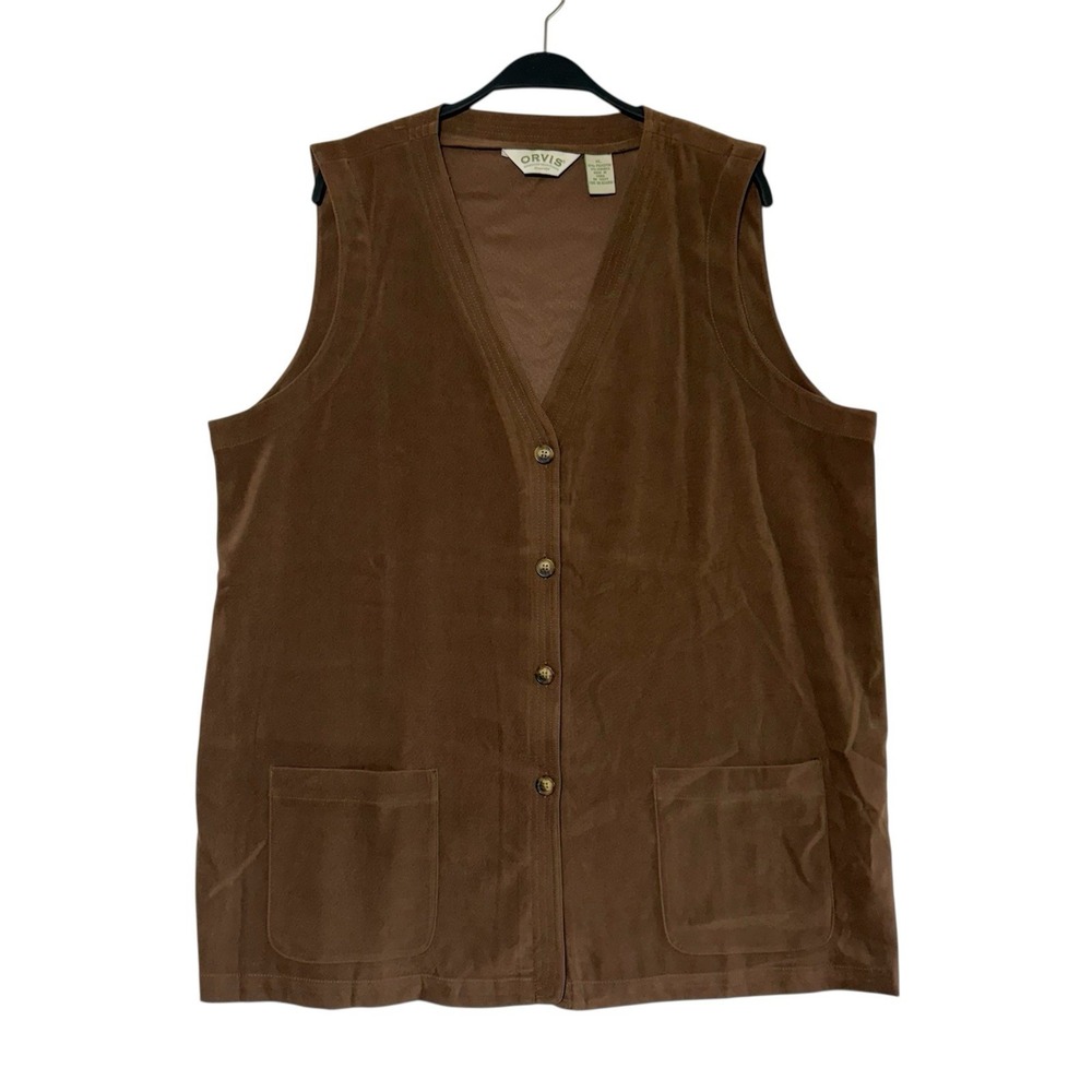 Orvis Vest Womens XL Brown Lined Polyester 5 Button Pockets Lightweight V Neck